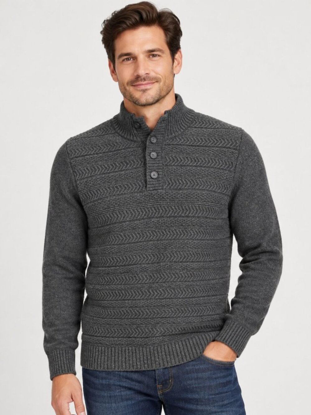 NEW Marc Anthony Mens Mock Neck Sweater Button Collar Grey Textured Knit Size XL
